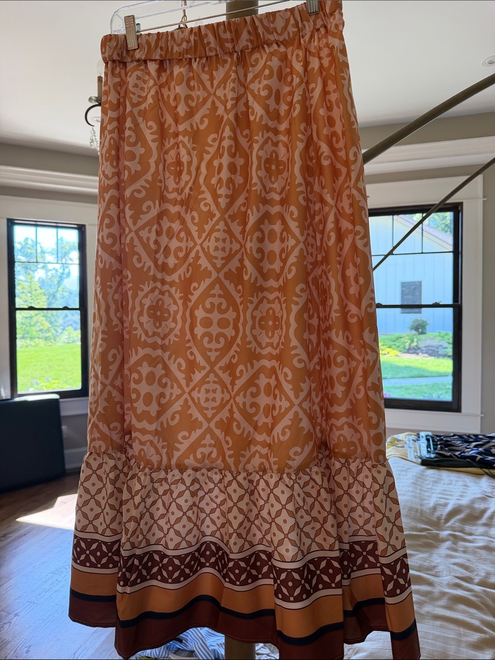 Boho Print Elastic-Waist Maxi Skirt in Peach and Brown